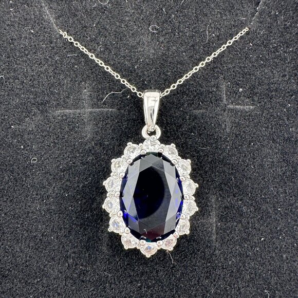 Stunning 6.40 Carat Imperial Lab Created  Blue Sapphire Pendant Necklace - Picture 2 of 16